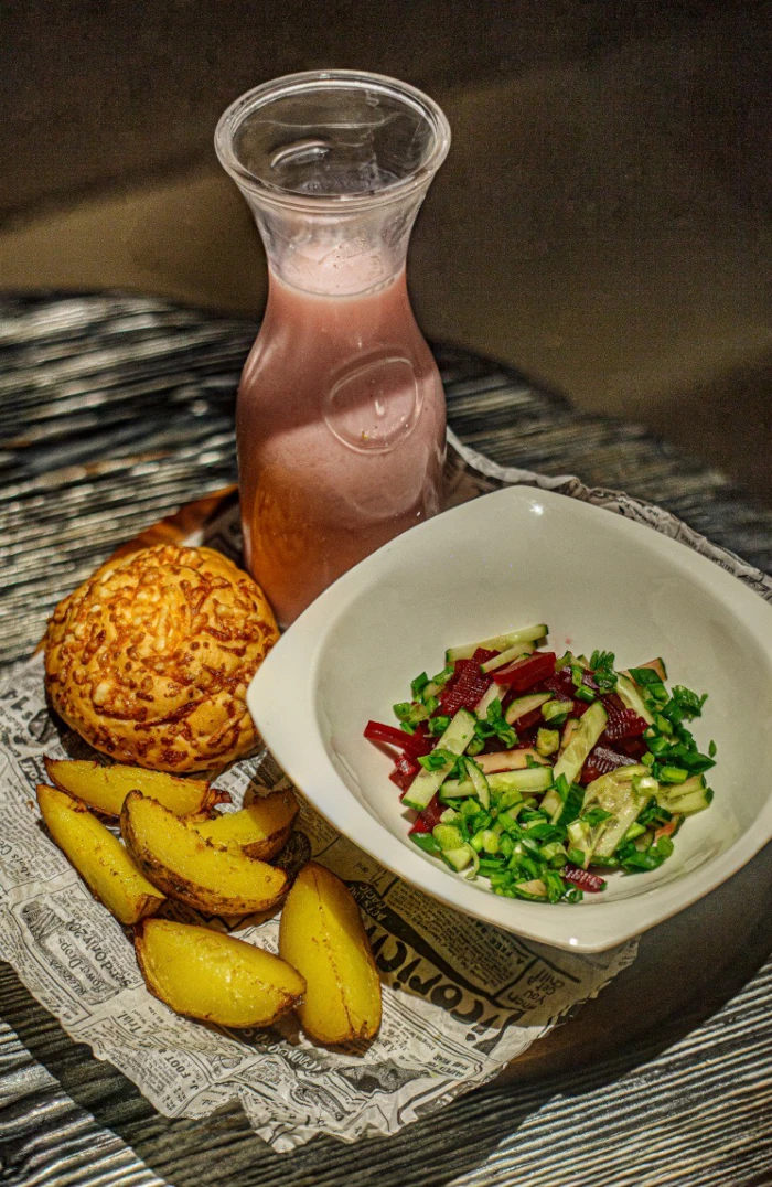 Cold soup with fried potatoes